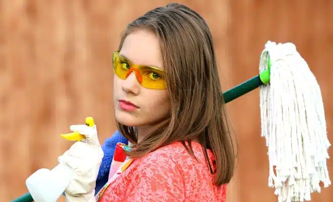 girl, goggles, mop