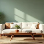 Salon moderne avec mur peint en vert sauge et mobilier en noyer chaleureux, harmonie parfaite entre couleur murale et style de meuble