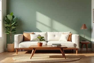Salon moderne avec mur peint en vert sauge et mobilier en noyer chaleureux, harmonie parfaite entre couleur murale et style de meuble