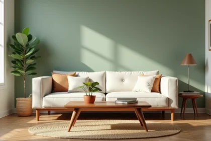 Salon moderne avec mur peint en vert sauge et mobilier en noyer chaleureux, harmonie parfaite entre couleur murale et style de meuble