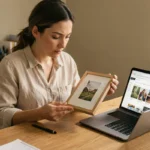 Femme comparant une reproduction artistique reçue d'ArtLowCost.fr avec sa commande en ligne, assise à un bureau en bois dans un bureau à domicile
