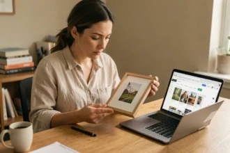 Femme comparant une reproduction artistique reçue d'ArtLowCost.fr avec sa commande en ligne, assise à un bureau en bois dans un bureau à domicile