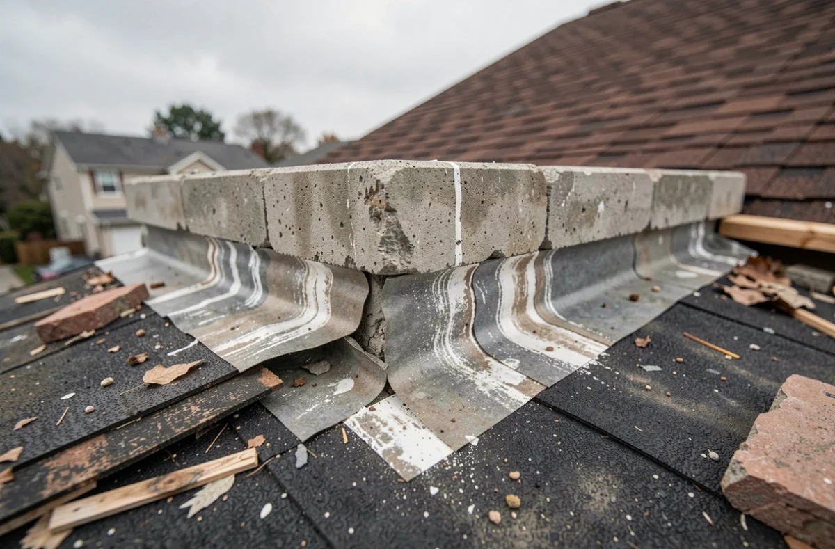 Détail d'un acrotère mal construit sur une toiture en pente avec pierres de chaperon mal posées et traces d'humidité