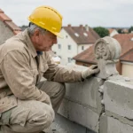 Ouvrier inspectant un acrotère fissuré en béton sur une toiture en pente, révélant des erreurs de construction fréquentes