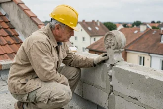 Ouvrier inspectant un acrotère fissuré en béton sur une toiture en pente, révélant des erreurs de construction fréquentes