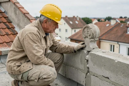 Ouvrier inspectant un acrotère fissuré en béton sur une toiture en pente, révélant des erreurs de construction fréquentes