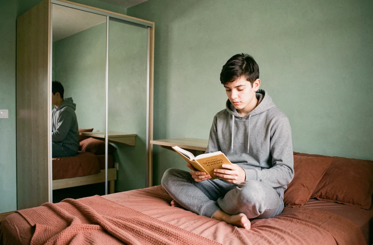 Adolescent dans sa petite chambre verte sage avec miroir coulissant pour agrandir l'espace visuel