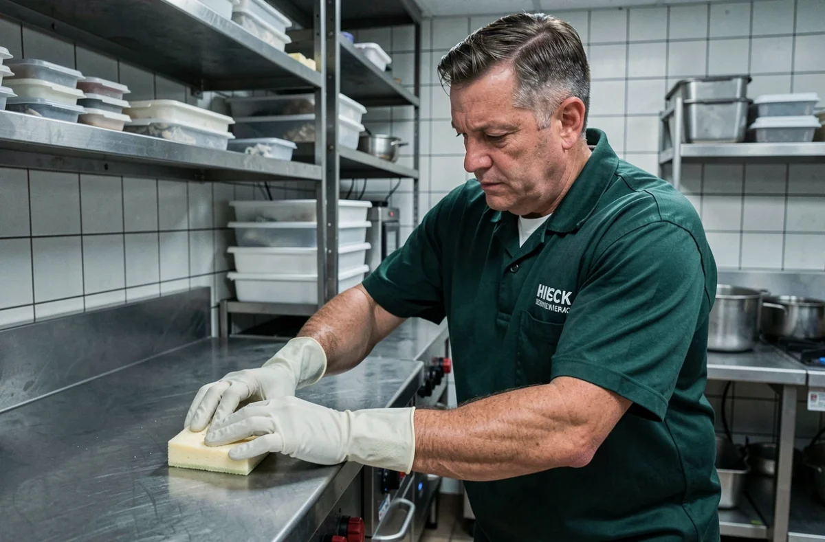 Agent de nettoyage en tenue de travail nettoyant une surface inox dans une cuisine professionnelle