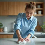 Aide ménagère en uniforme bleu nettoyant le plan de travail d'une cuisine moderne dans un appartement français