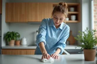 Aide ménagère en uniforme bleu nettoyant le plan de travail d'une cuisine moderne dans un appartement français