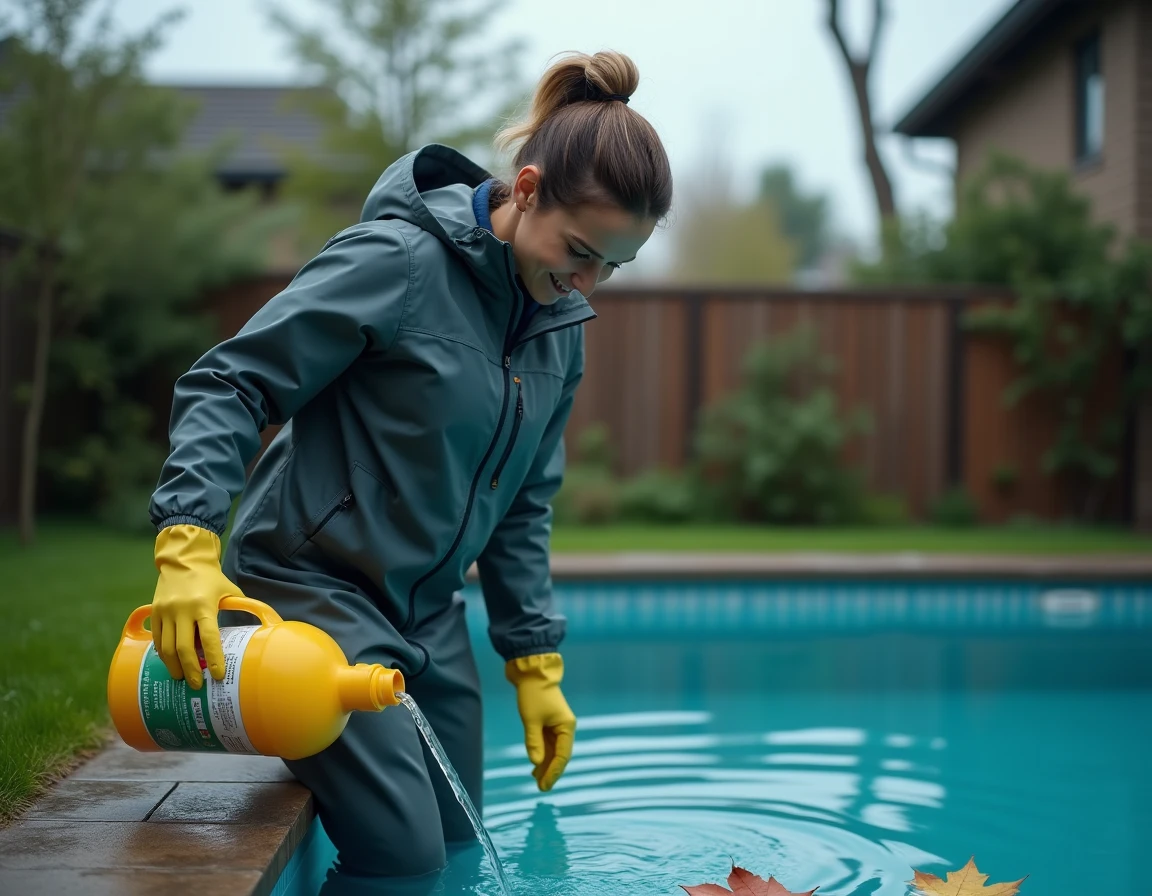Femme versant du chlore liquide dans une piscine résidentielle après un orage sous un ciel nuageux