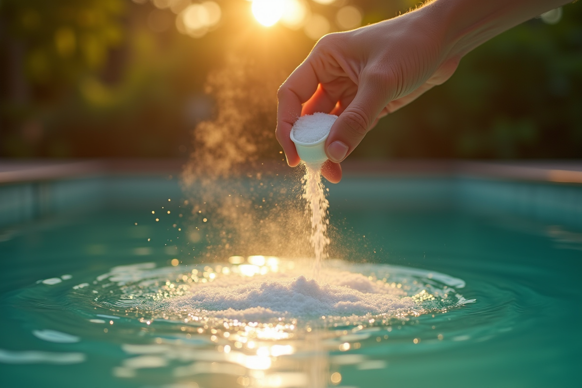 Main versant des granulés de chlore dans la piscine au coucher du soleil