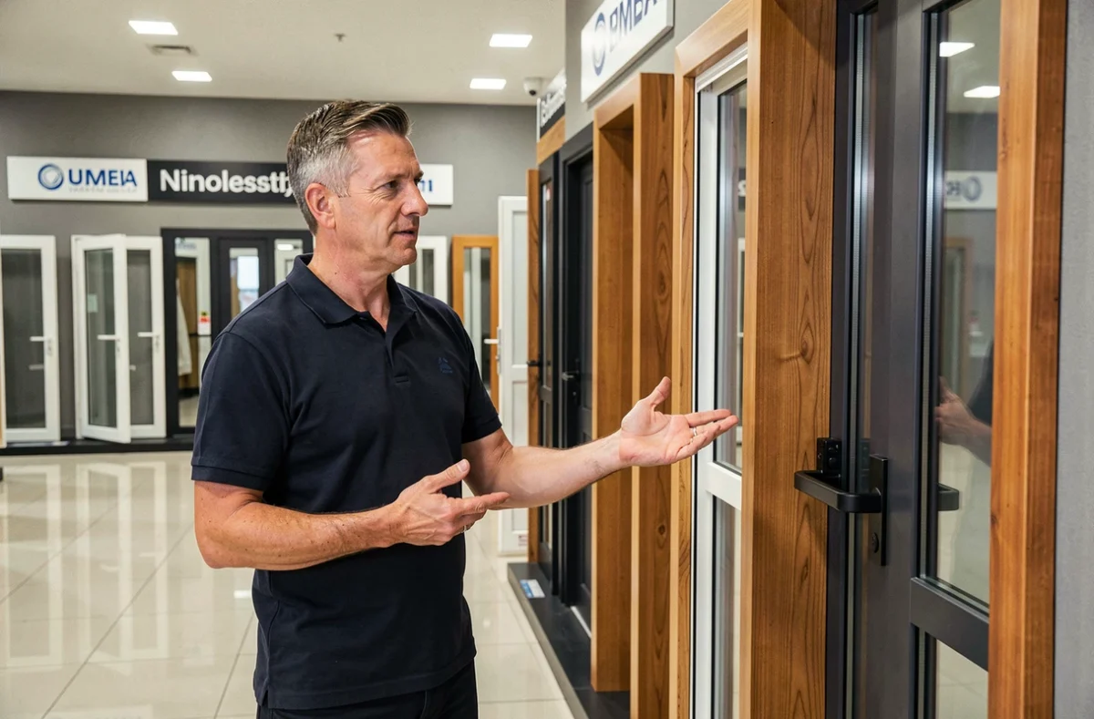 Conseiller d'Alliances Portes Fenêtres présentant des modèles de portes et fenêtres dans le showroom