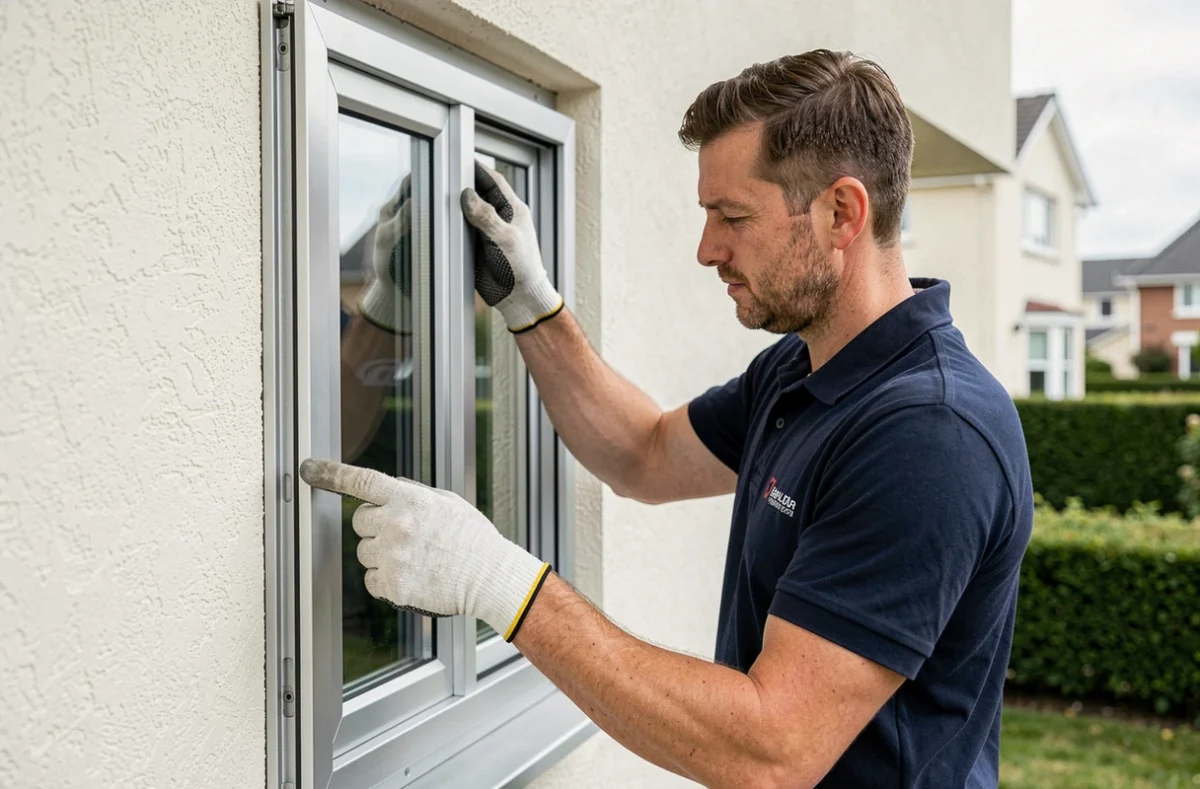 Technicien d'Alu Futur SAS installant une fenêtre en aluminium à double vitrage sur une façade résidentielle