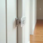 Protège-doigt anti-pincement en silicone transparent installé sur le bord charnière d'une porte intérieure blanche