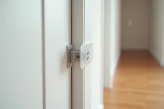 Protège-doigt anti-pincement en silicone transparent installé sur le bord charnière d'une porte intérieure blanche