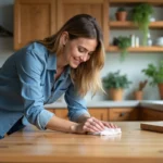 Femme appliquant de l'huile de lin sur une table en bois
