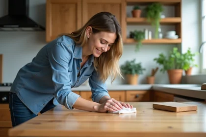 Femme appliquant de l'huile de lin sur une table en bois