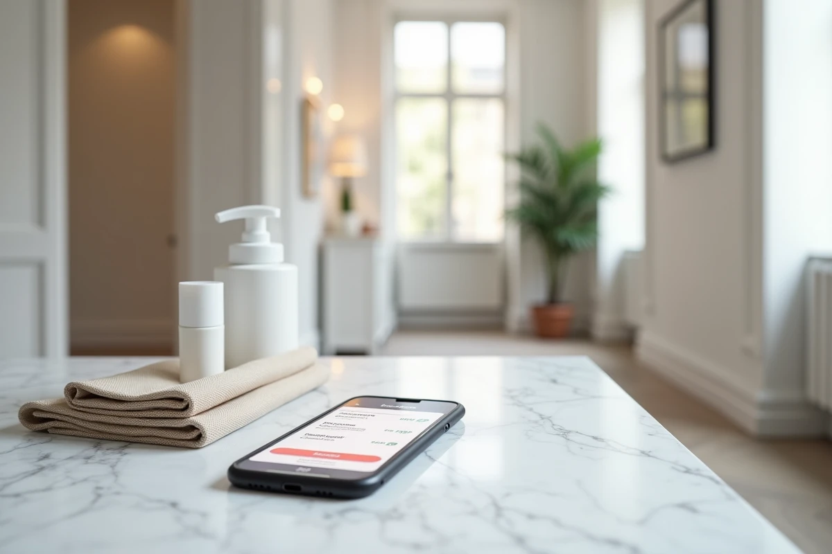 Application de réservation de services à domicile sur smartphone posé sur un plan en marbre avec accessoires de ménage