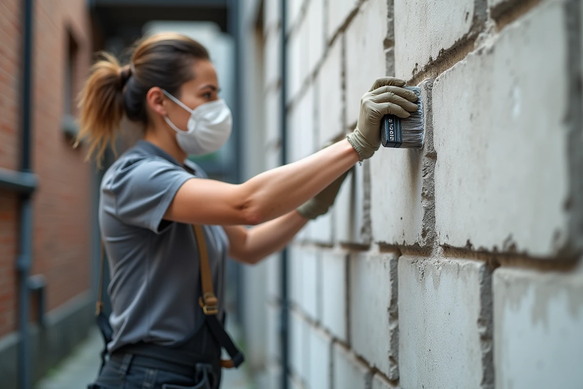Femme appliquant une couche d'apprêt sur un mur en parpaing brut avec un pinceau, préparation avant peinture extérieure