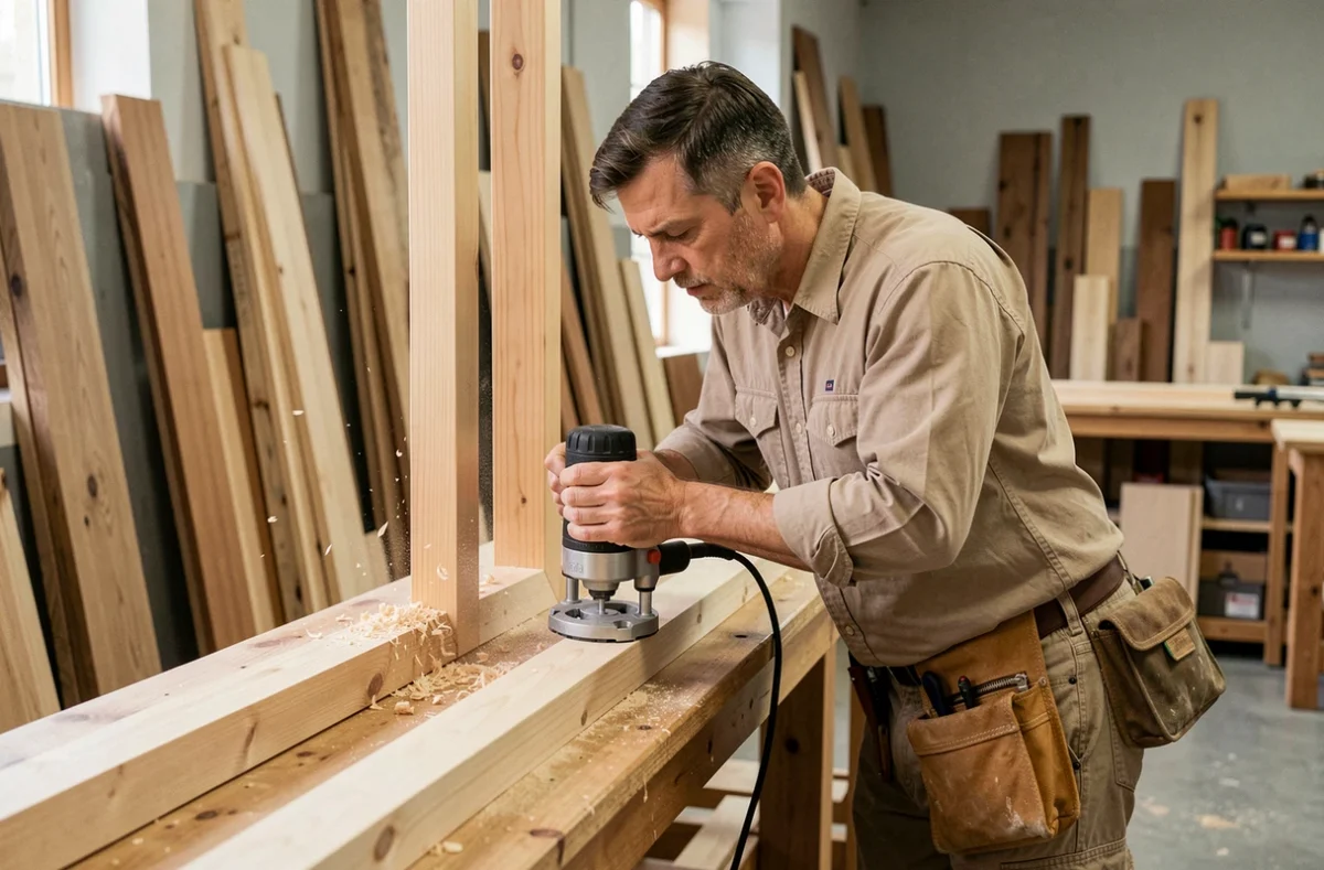 Artisan menuisier d'Apte Menuiserie travaillant sur un cadre de fenêtre en bois avec une défonceuse