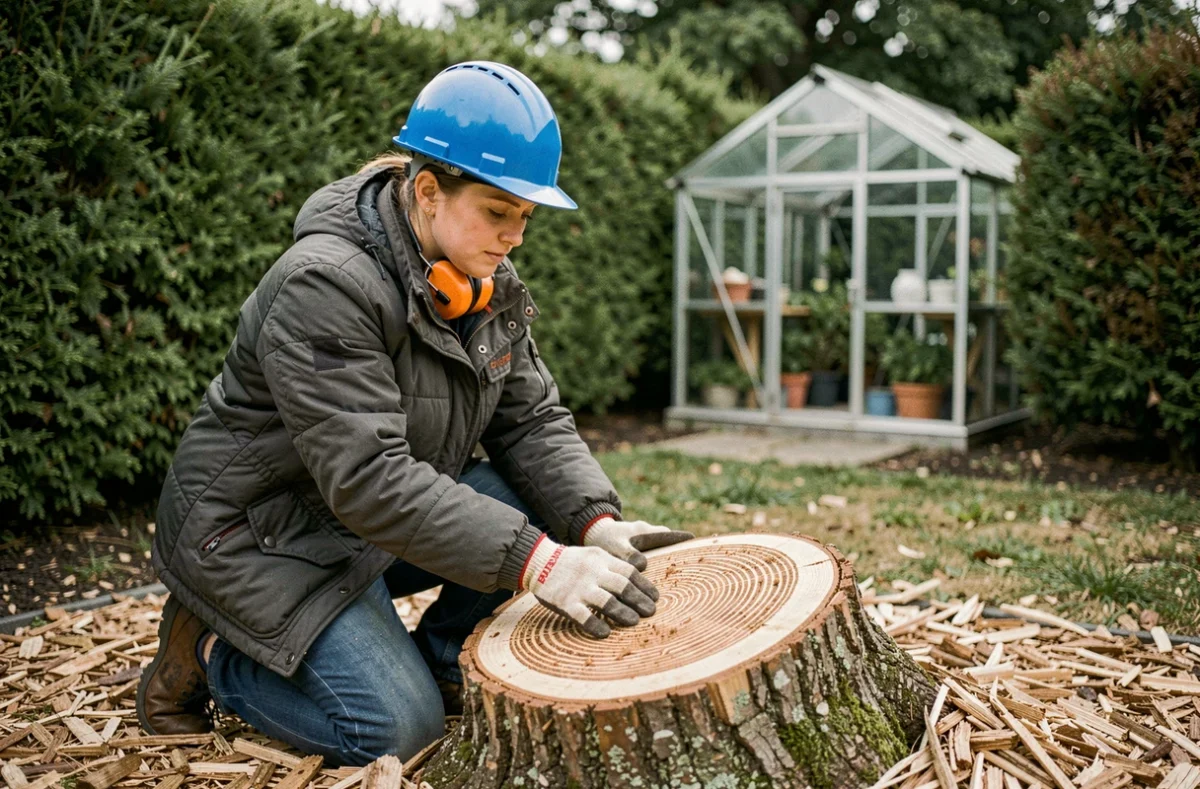 Arboriste féminine examinant un tronc d'arbre coupé dans un jardin privé résidentiel