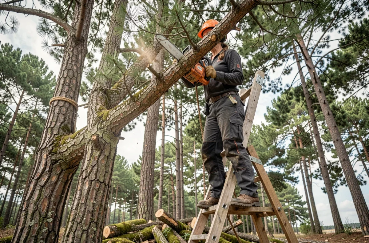 Arboriste féminine utilisant une tronçonneuse pour élaguer une branche épaisse d'un pin maritime en hauteur