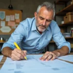 Architecte analysant un devis de construction maison avec des plans et documents sur un bureau en bois