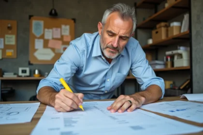 Architecte analysant un devis de construction maison avec des plans et documents sur un bureau en bois