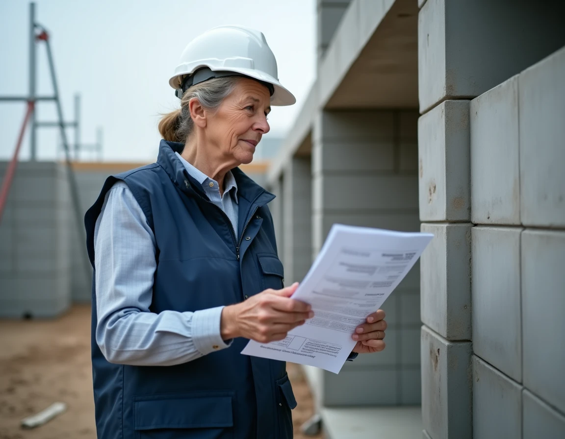 Architecte femme consultant les normes NF pour parpaings devant un mur de blocs en béton sur chantier