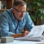 Architecte homme étudie plans dans son bureau avec parpaing