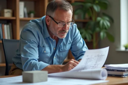 Architecte homme étudie plans dans son bureau avec parpaing