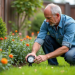 Homme d'âge moyen ajustant un arroseur dans un jardin