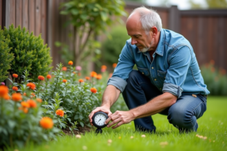 Homme d'âge moyen ajustant un arroseur dans un jardin
