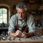 Artisan français examine de l'argenterie ancienne avec loupe