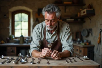 Artisan français examine de l'argenterie ancienne avec loupe