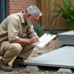 Artisan examinant un devis pour la pose de dalle sur plots dans un jardin en chantier