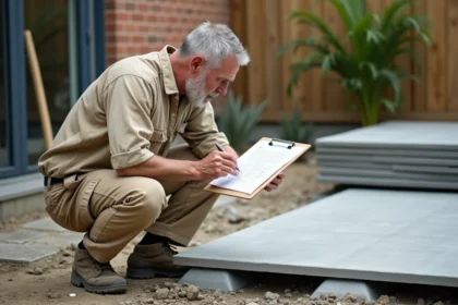 Artisan examinant un devis pour la pose de dalle sur plots dans un jardin en chantier