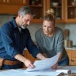 Un artisan professionnel et un propriétaire examinent ensemble un devis de travaux à domicile