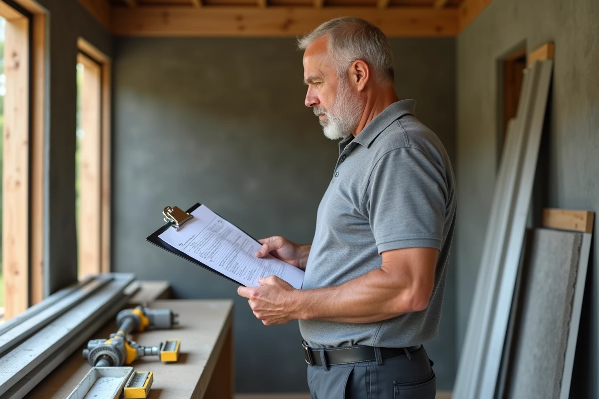 Artisan examinant un devis de véranda sur chantier, entouré de matériaux de construction et de profilés aluminium