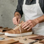 Artisan inspectant la qualité des coutures d'une chaussure Equation dans un atelier de confection