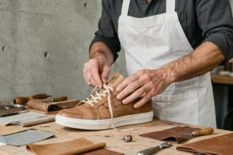Artisan inspectant la qualité des coutures d'une chaussure Equation dans un atelier de confection