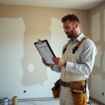 Artisan peintre en salopette blanche consultant une estimation de prix de travaux de peinture dans un salon en cours de rénovation
