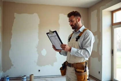 Artisan peintre en salopette blanche consultant une estimation de prix de travaux de peinture dans un salon en cours de rénovation
