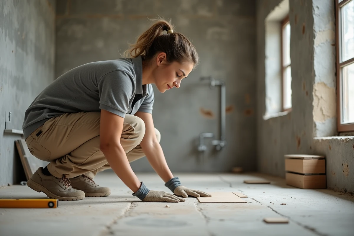 Une artisane carreleur inspecte la pose de carrelage dans une salle de bain en cours de rénovation