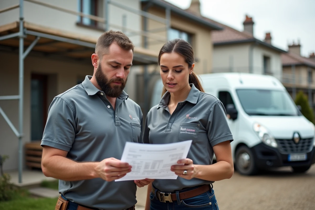 Deux artisans professionnels examinent un devis imprimé devant une maison en chantier, discutant de la cohérence des prix proposés