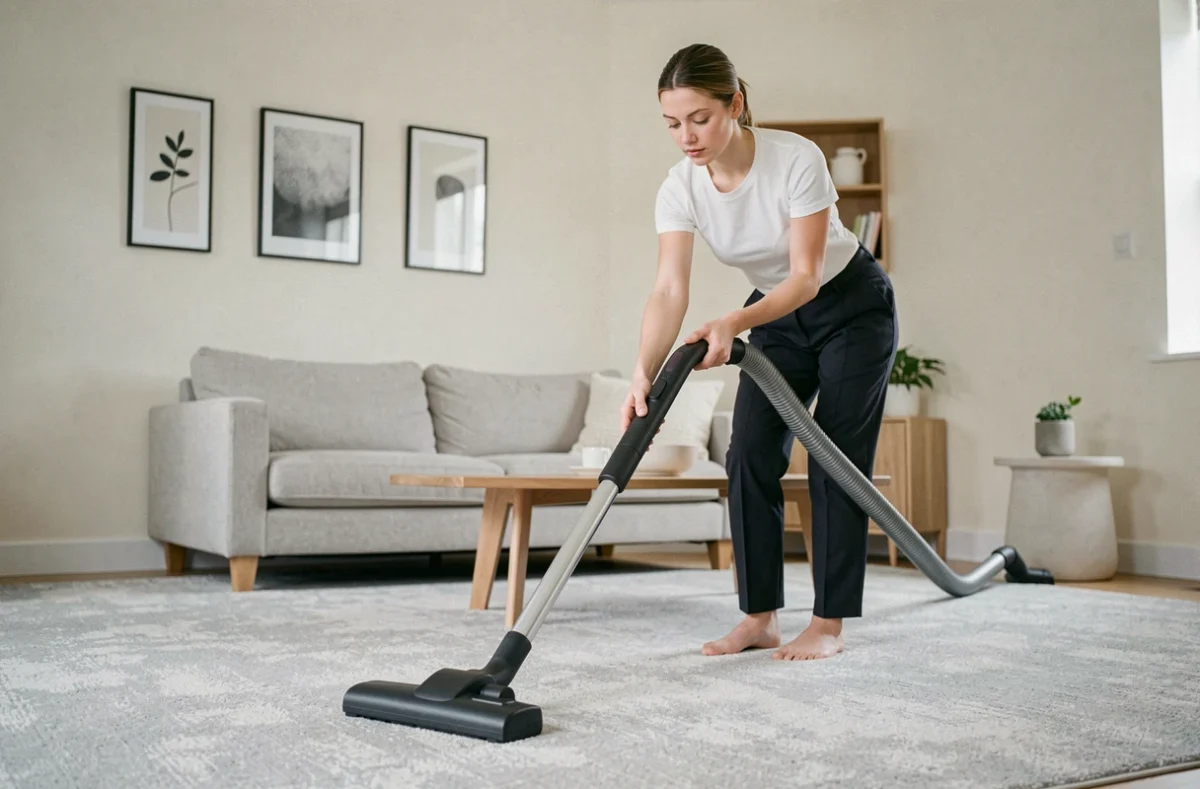 Jeune femme passant l'aspirateur dans un salon moderne lors d'un service de ménage à domicile à Montreuil