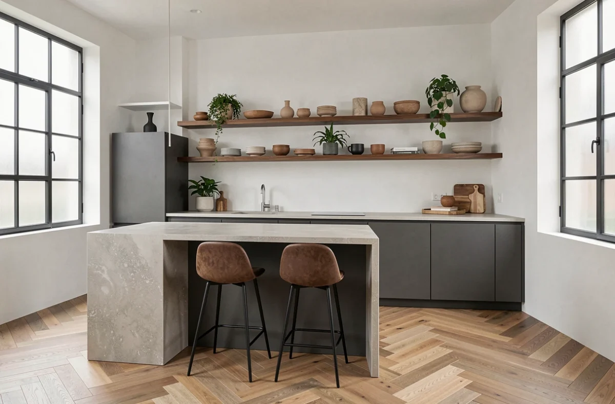 Cuisine moderne exposée dans le showroom de L'Atelier Neuf avec îlot en pierre de synthèse et façades anthracite