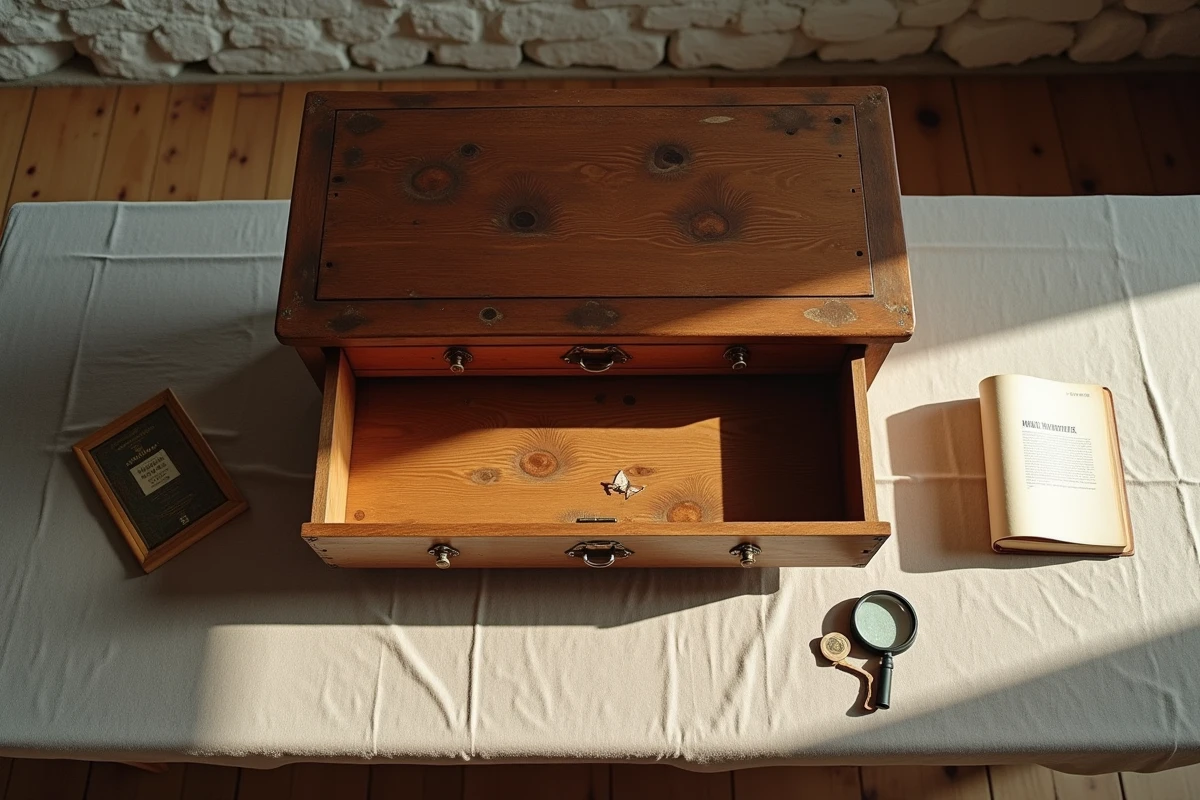 Vue aérienne d'un tiroir de commode ancienne en noyer avec ses assemblages à queue d'aronde artisanaux, entouré d'outils d'authentification pour identifier un vrai meuble vintage