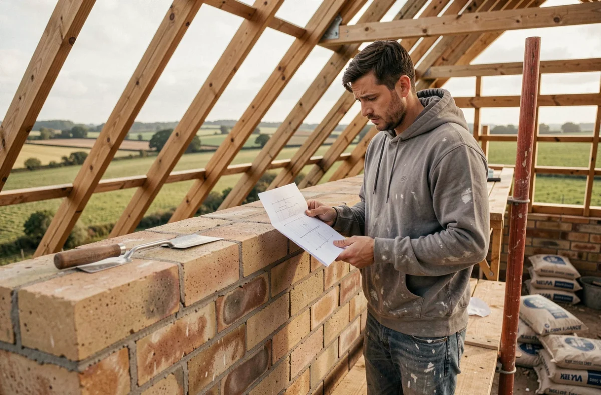 Autoconstructeur consultant des plans devant un acrotère en cours de construction sur une charpente de toiture en pente